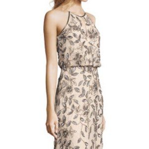 Adrianna Papell Floral Beaded Blouson Halter Gown